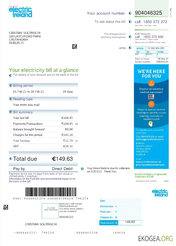 Ireland Electric ireland utility bill word and pdf template